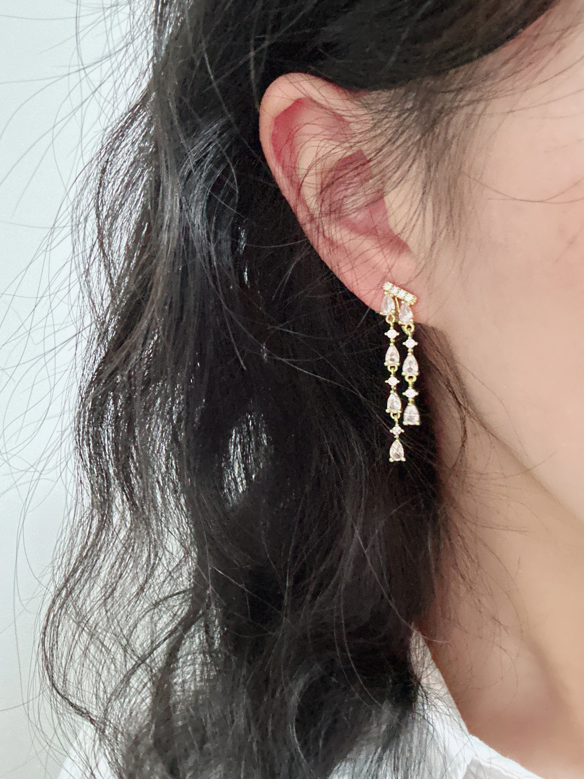 Zircon Drops Long Chain Clip On Earrings