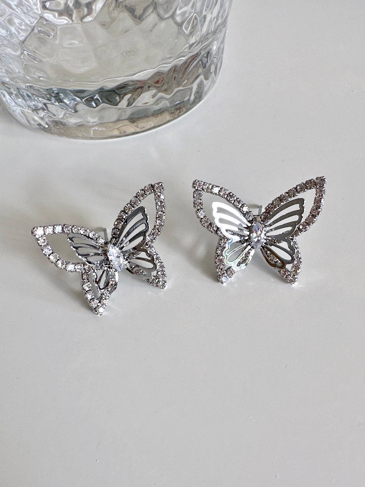 Silver Zircon Layered Butterfly Stud Earrings