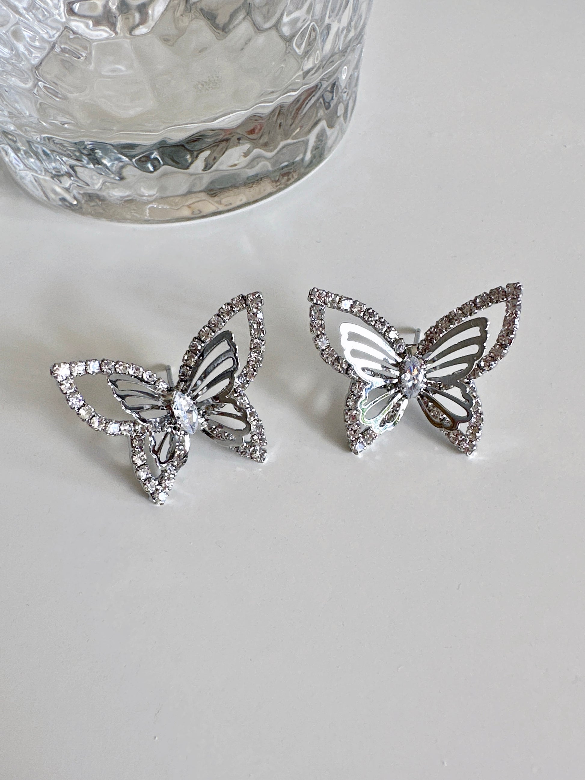 Silver Zircon Layered Butterfly Stud Earrings