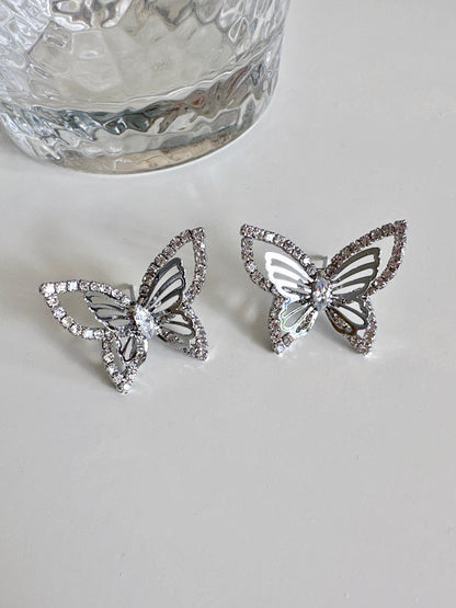 Silver Zircon Layered Butterfly Stud Earrings. silver-tone clip-on earrings for women.