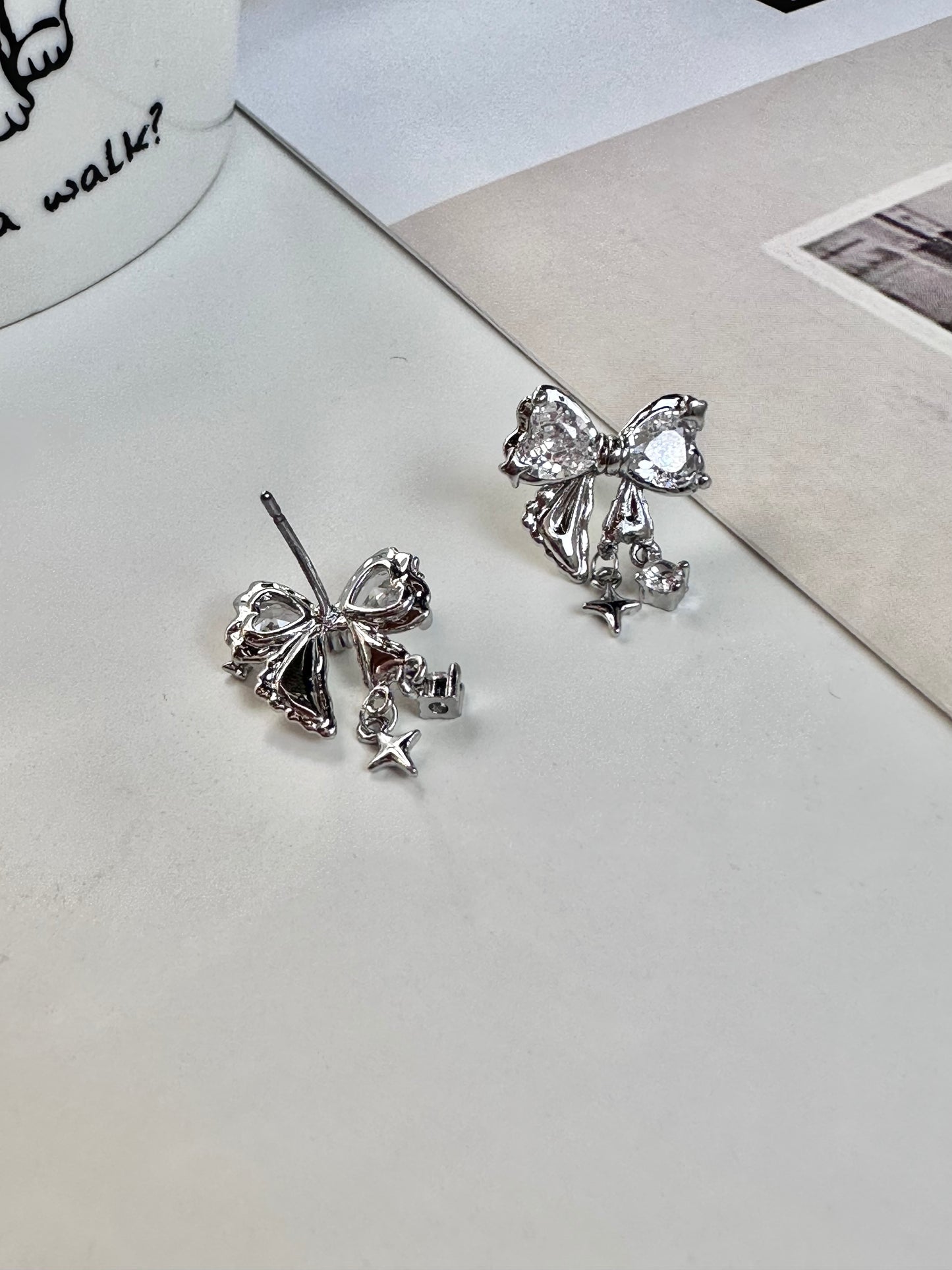 Zircon Bow with Pendant Stud Earrings