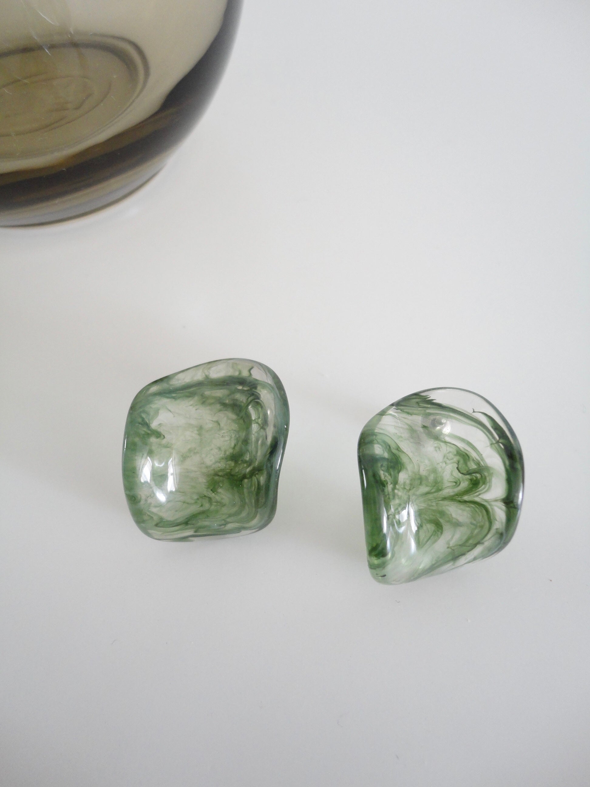 Acrylic Green Jade Look Large Chip Stud Earrings