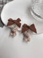 Brown Bow and Bear Clip On Earrings