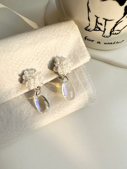 White Flower with Transparent Drop Clip On Earrings. Handmade clip-on earrings for women.