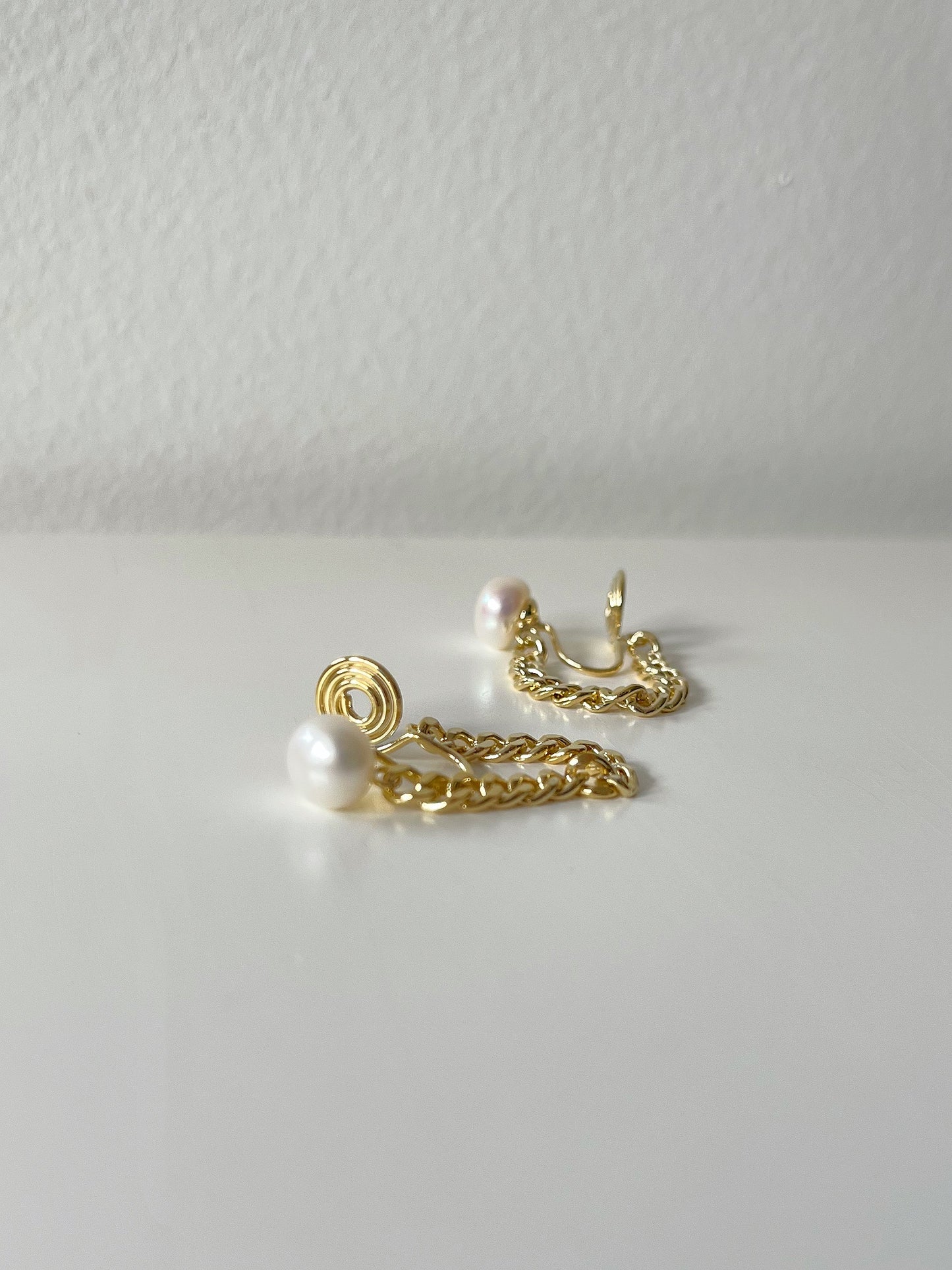 Golden Pearl with Chain Clip On Earrings