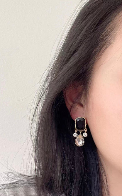 Golden Geometric Black Crystal Teardrop Earrings