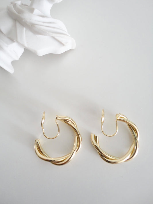 Golden Double Twist Hoop Clip On Earrings