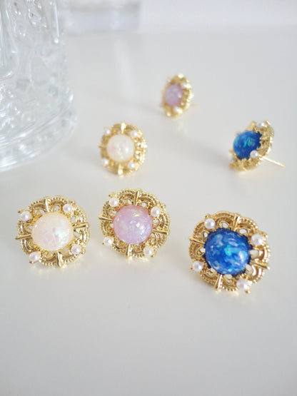 Golden Round Pearlised White Opal Stud Earrings