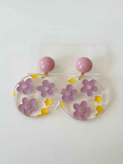 Pink Acrylic Disc Flower Clip On Earrings